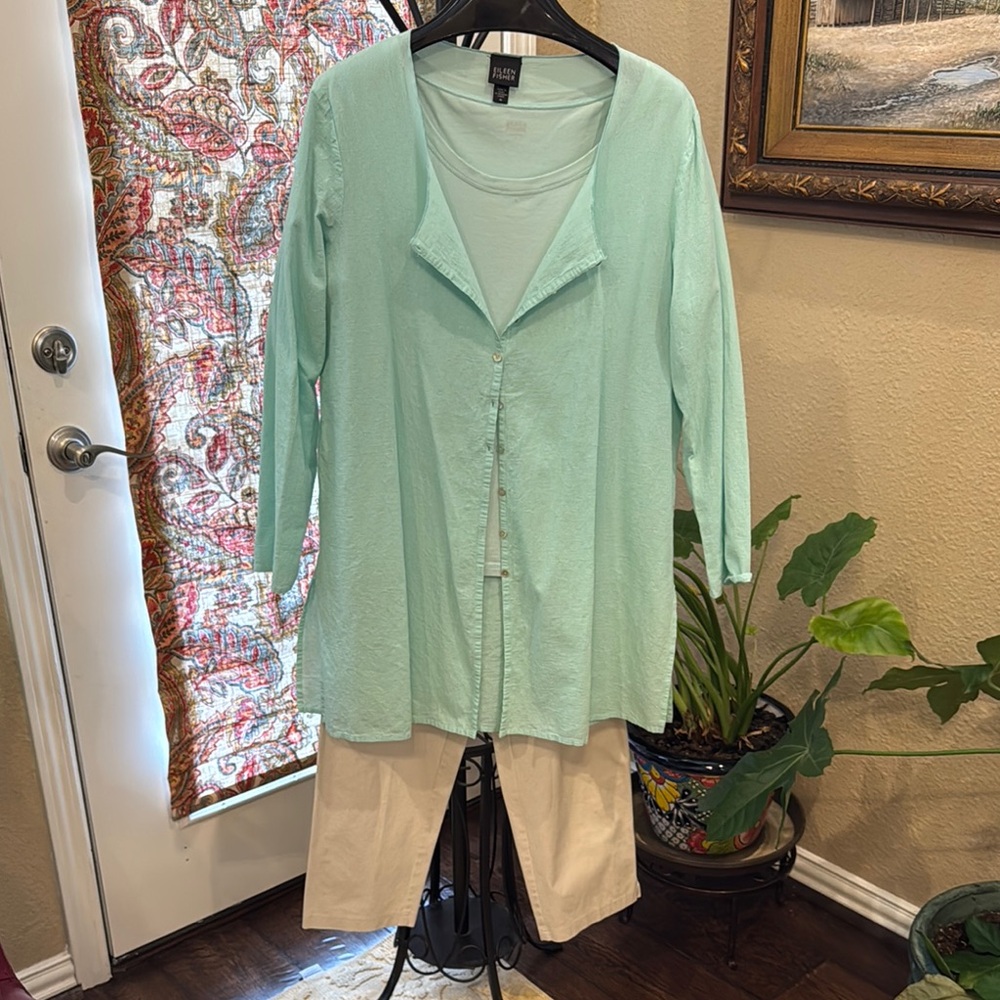 Eileen Fisher Green Button Down Shirt Relaxed Notched Collar